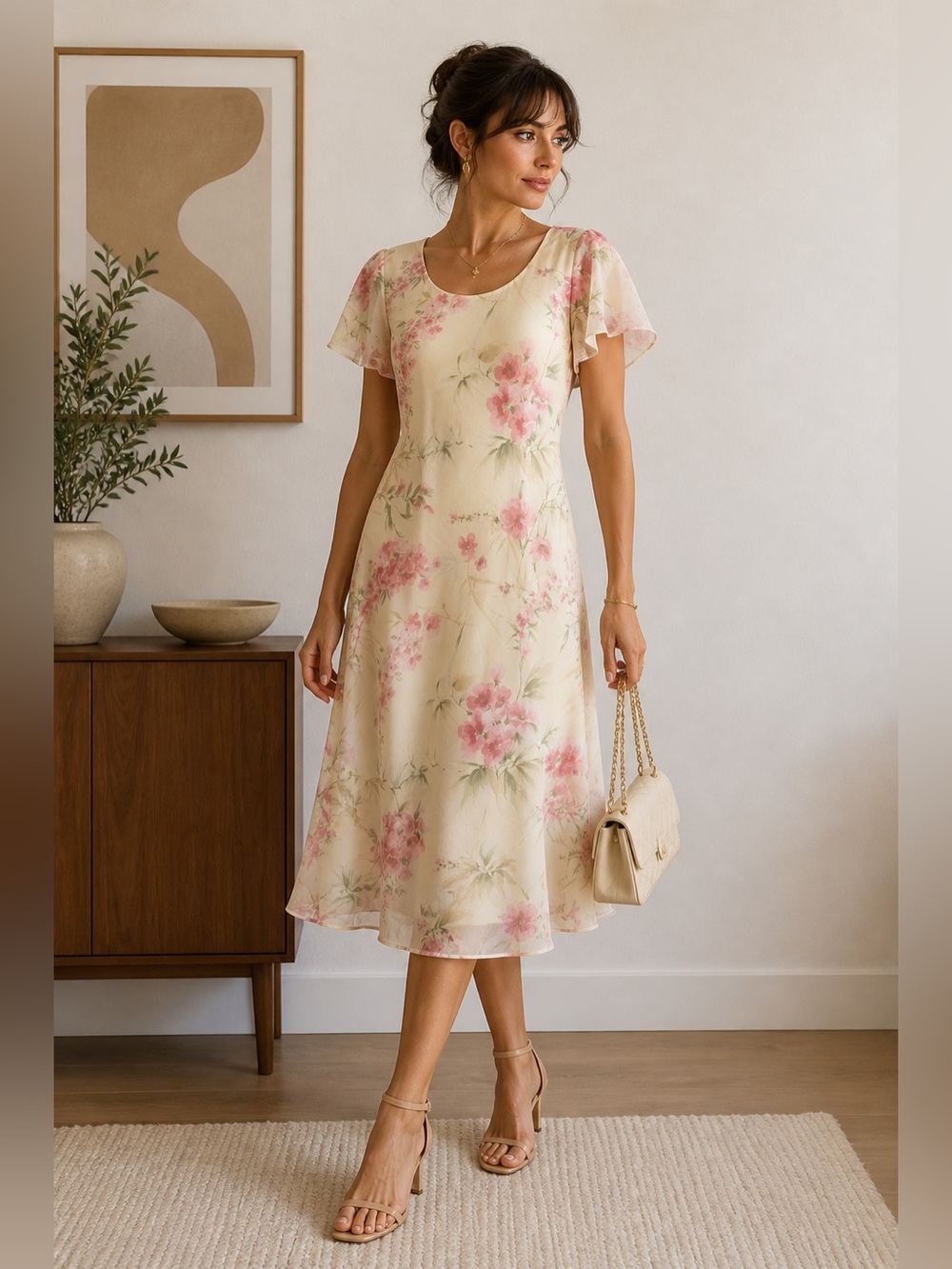 Vintage Coldwater Creek Dress Floral A Line Midi Cottage Watercolor Chiffon